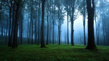 Fototapeta premium A serene forest filled with tall trees shrouded in morning mist creates an enchanting atmosphere. The lush green grass is illuminated by soft light, enhancing the tranquil beauty