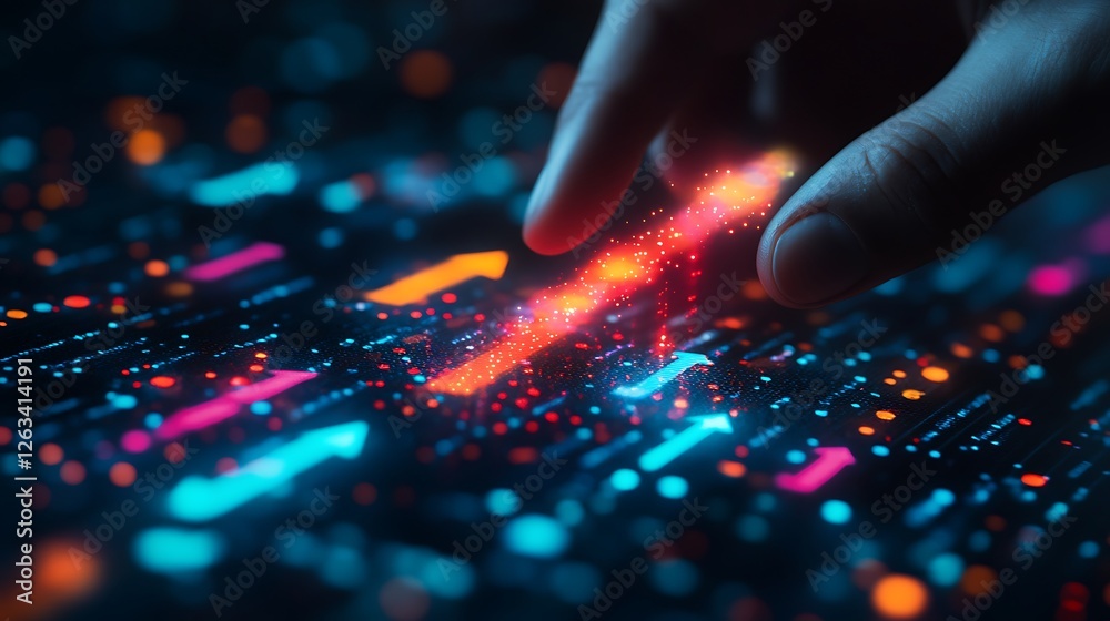 Poster fingertip activates glowing upward arrow on digital screen displaying data streams.