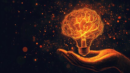 Glowing brain-shaped lightbulb held in cupped hands, sparks emanating.