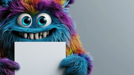 Fototapeta premium A cheerful, vibrant monster with colorful fur and large eyes stands against a plain background, smiling widely while holding a blank piece of paper in its hands