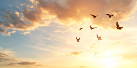 Fototapeta premium Birds fly sunset sky freedom hope