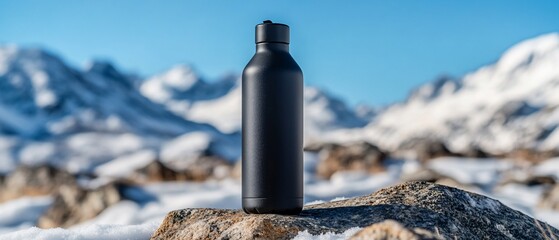 Obraz premium Black bottle rests on rock, snowy mountains. Hydration, travel
