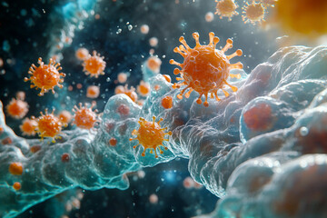 Naklejka premium Generative AI illustration of microscopic bacterial forms showcasing vivid molecular structures and glowing effects