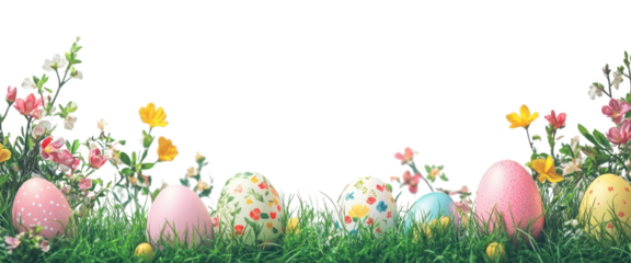 PNG Easter eggs on green grass border colorful flowers easter.