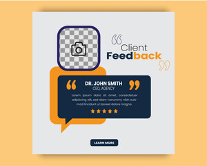 Simple client testimonial or customer feedback card with a rating of five stars for website Social media post template with color variations. Square size template.