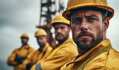 Obraz premium A Group of Committed Construction Workers in Safety Gear Showcasing Teamwork and Strength on the Job Site Amidst Industrial Challenges