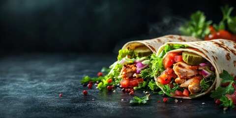 Fototapeta premium Delicious wrap filled with grilled chicken, fresh vegetables, and herbs on a dark background