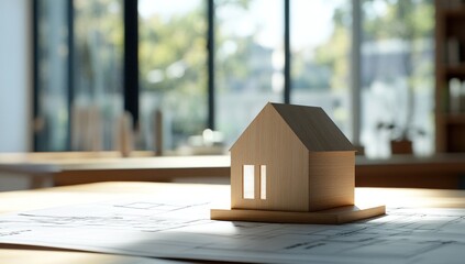 Wooden House Model on Architectural Plans, Real Estate Concept