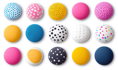 Colorful Assortment of Textured Rubber Balls in Various Patterns, Ideal for Creative Play and Sensory Activities for Children and Adults