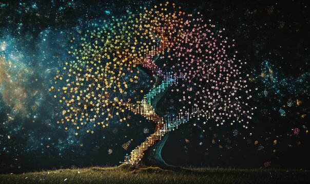 Colorful tree staircase ascends starry night