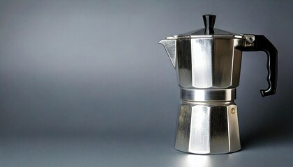 Metal coffee maker stands on gray surface with soft lighting creating an elegant ambiance