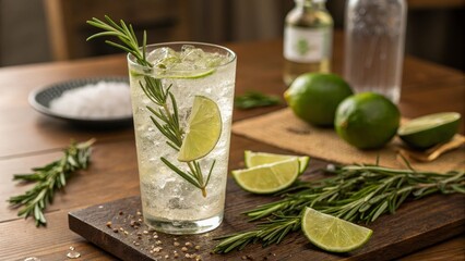 Fototapeta premium Rosemary Lime Fizz Iced Cocktail Photography, Tall Glass Composition, Refreshing Drink Concept, lime, rosemary