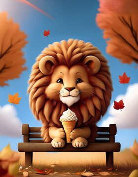 
un leon lindo sentado en un banco en un parque comiendo un helado en oto&ntilde;o
