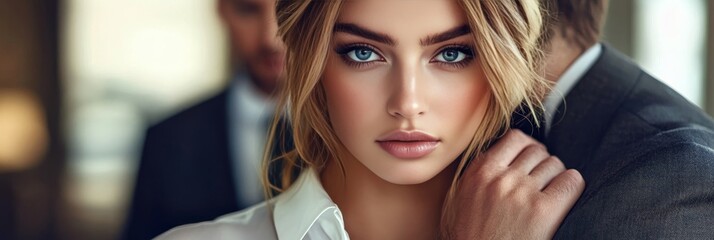 Naklejka premium Professional Portrait, Corporate Woman in White Blouse, Gentle Touch, Office Background