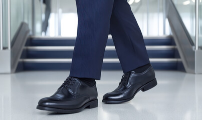 Obraz premium Stylish black dress shoes stepping confidently on a polished floor in a modern urban office environment with light reflections and a sleek ambiance