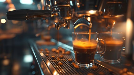 A coffee machine with a glass of coffee pouring out of it