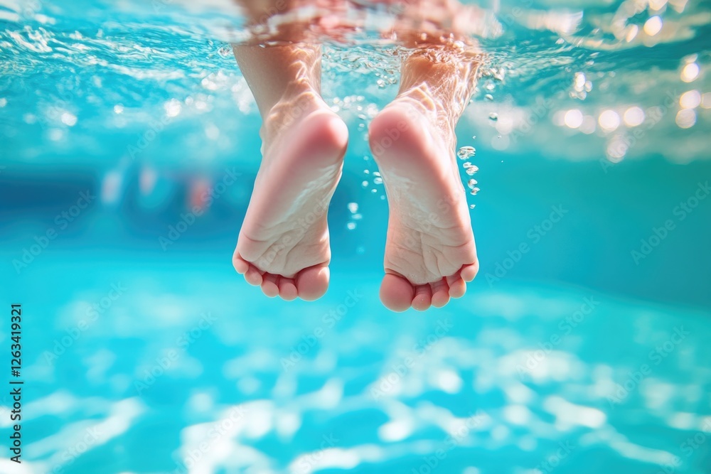 Aufkleber a person's feet are submerged in a pool, ideal for use in travel or health-related concepts