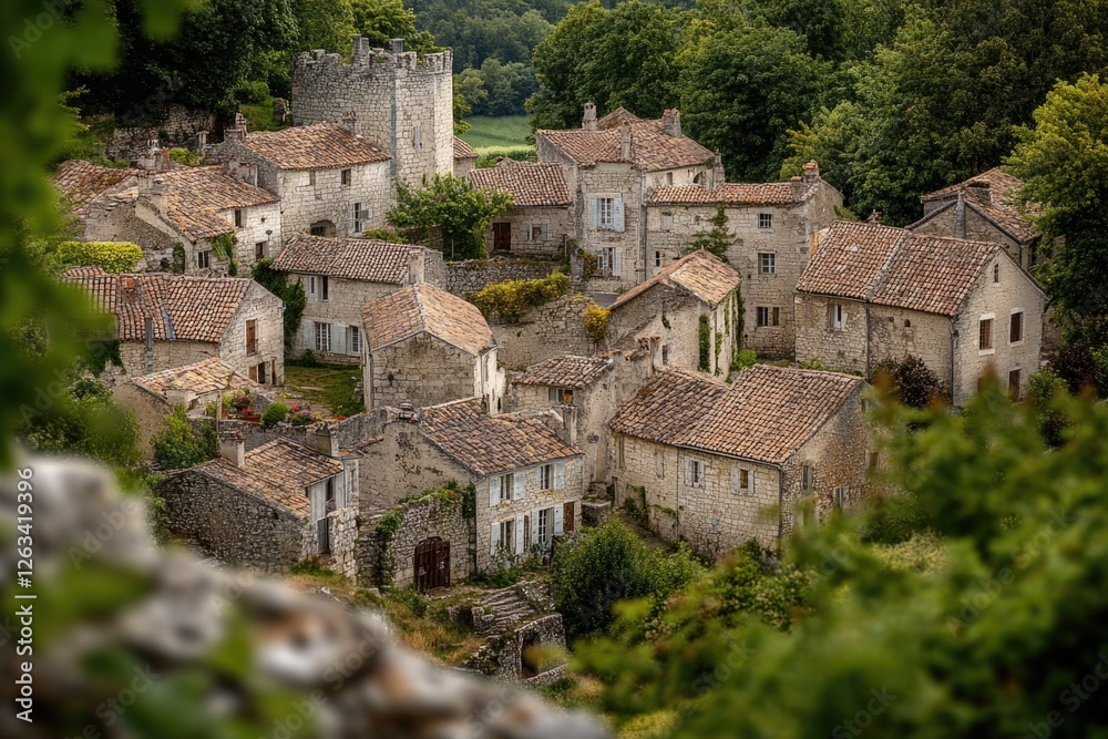 Poster cozy village scene with a tall tower in the background, suitable for use in travel or fantasy contex