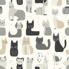 A minimalist pet illustration with simple, geometric shapes of cats, dogs, and bunnies in neutral tones like gray, white, and beige. The sleek design adds a modern and sophisticated touch to the look.