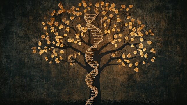 Golden DNA helix tree of life abstract art