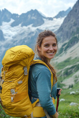 Naklejka premium A smiling female traveler with a yellow hiking backpack enjoys the beautiful scenery of the majestic mountains. Travel, adventure. Concept of an active lifestyle 