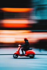 Experience the Thrill of Urban Motion on a Red Scooter: A Dynamic Journey Through City Streets Captured in Vivid Color and Motion Blur, Symbolizing Freedom and Adventure.