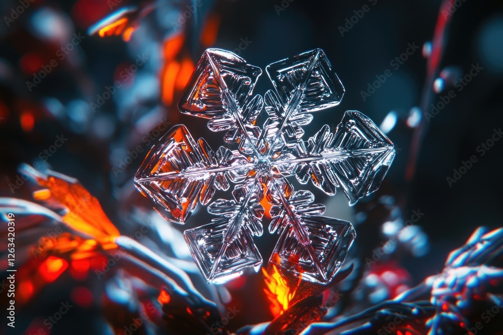 Poster Close-up view of a delicate snowflake resting on a green succulent leaf