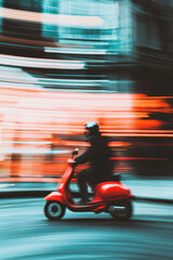 Dynamic Urban Scene: A Rider on a Vibrant Red Scooter Navigating Through a Colorful City at Night