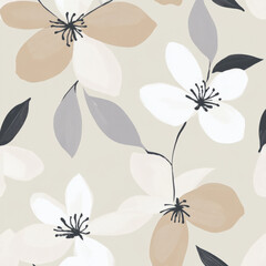 A minimalist floral illustration with abstract flowers and petals in neutral tones of beige, white, and soft gray. The simple, elegant design adds a sense of tranquility and sophistication.