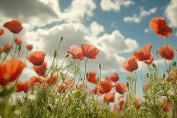 Obraz premium A vibrant field of red poppies grows beneath a cloudy blue sky