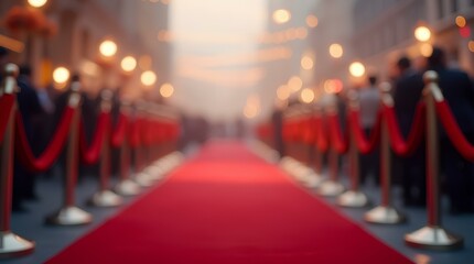 "Red Carpet for Movie Premiere with Backdrop" - A red carpet leading to a movie premiere with a branded backdrop. Glamorous VIP luxury entrance for star with lights on stage at night, hall of fame