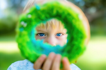 A young child with striking blue eyes holds a vibrant, colorful ring, symbolizing joy, playfulness, and imagination in a sunny outdoor setting.