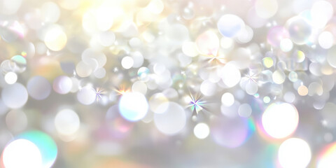 Obraz premium Elegant pearlescent white holographic texture with shimmering rainbow reflections and smooth transitions between colors.