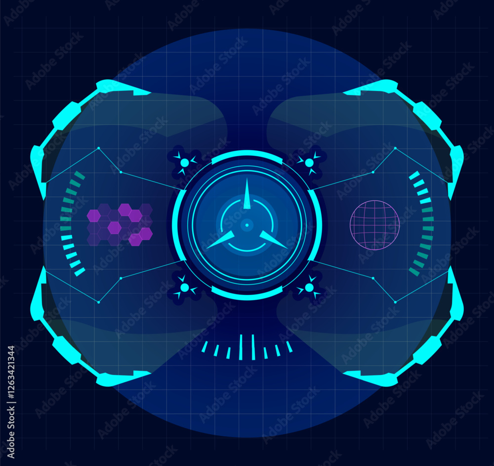 Poster futuristic virtual screen showing a circular hud interface with data, connections, and various indic