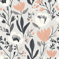 A minimalist floral illustration with soft, hand-drawn flowers like daisies, tulips, and roses in delicate shades of gray, white, and pale pink. The subtle design creates a gentle and sophisticated