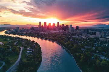 Fototapeta premium River runs through a bustling metropolis as day turns to night
