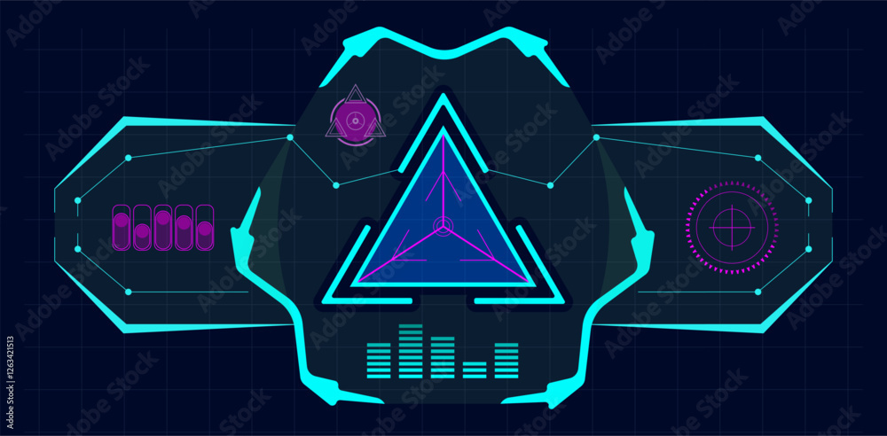 Wall mural futuristic virtual screen featuring a central glowing triangle with various digital elements and ind