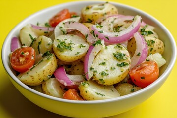 A simple still life image of a white bowl containing sliced potatoes and tomatoes