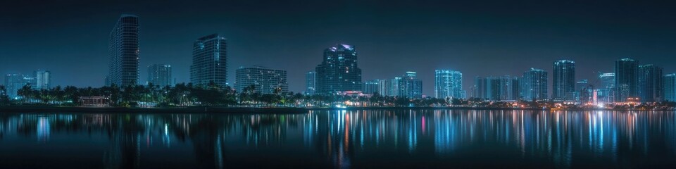 Fototapeta premium View of a city skyline at night from across the water, ideal for use in travel or urban-themed projects
