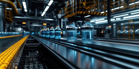 Fototapeta premium A modern production line showcasing clear water bottles moving along a conveyor belt in a high-tech facility, symbolizing efficiency and quality.