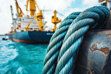 Teal nautical rope coils near cargo ship