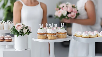 whimsical Easter-themed dessert table featuring cupcakes decorated with bunny ears, macarons shaped like eggs, and a pastel cake with floral icing