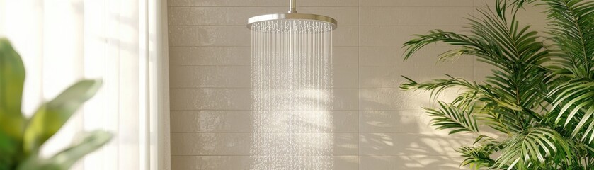 A stylish chandelier hangs elegantly in a bright room adorned with lush greenery, creating a serene and modern ambiance.