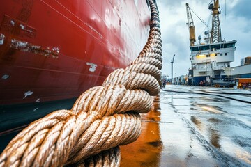 Obraz premium Massive ship rope coils near red hull