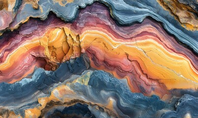 Obraz premium Layered Rock Formation with Abstract Patterns in Shades of Blue Orange and Gold