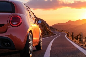 Fototapeta premium A car drives down a winding road during sunset, with a beautiful orange sky in the background