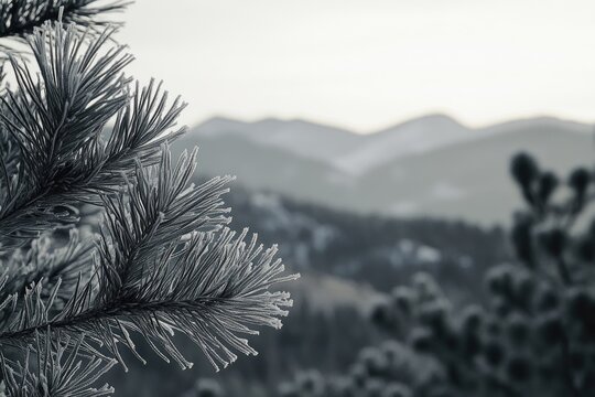 Frost-covered pine needles in the foreground, with blurry mountains in the background.