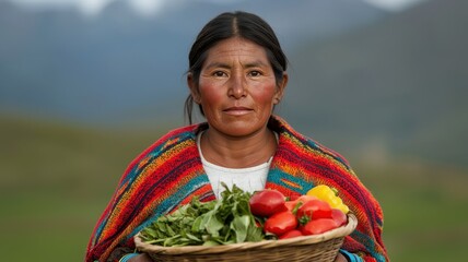 National Dress Day. A woman in traditional attire holds a basket of fresh vegetables in a mountain landscape.