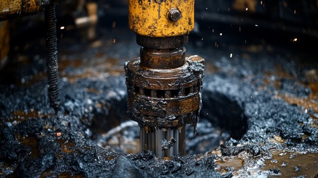 This close-up captures an oil drilling bit actively engaged in extracting resources, with rock debris scattered around. The scene illustrates the intensity of the drilling operation.