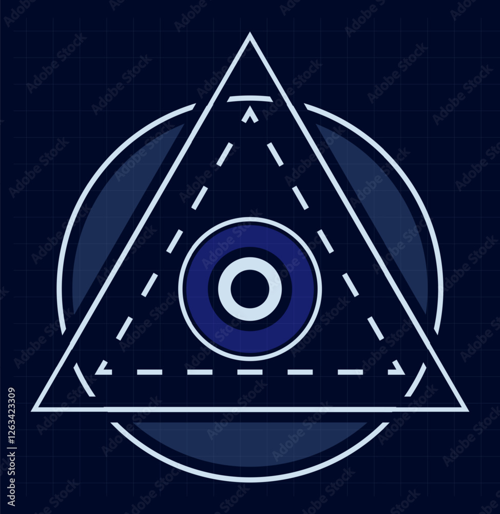 Poster futuristic heads up display user interface showing triangle, circle and eye on blueprint background,